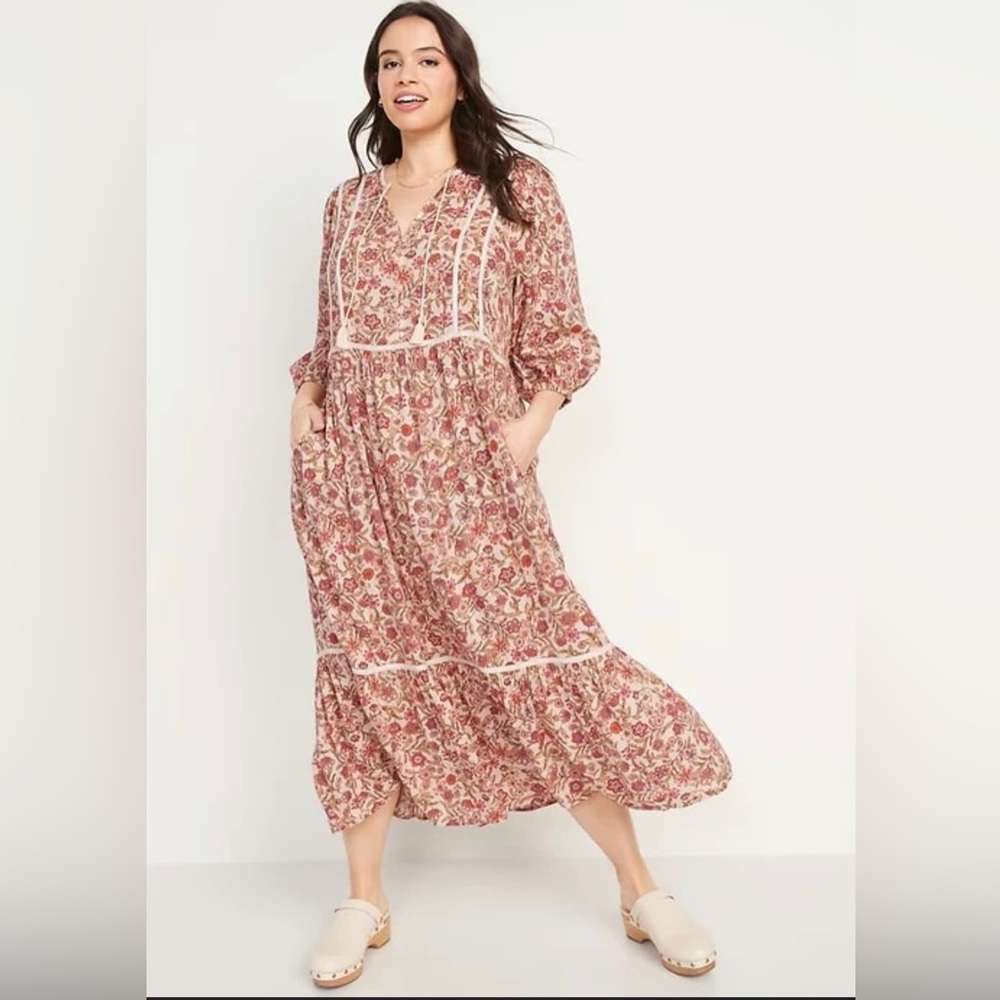 Old Navy Floral-Print 3/4-Sleeve Tie-Neck Maxi Swing Dress 4x